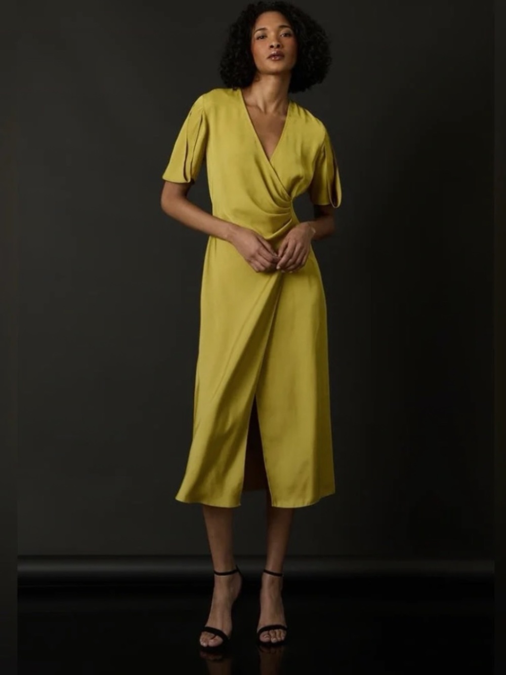 Luxely Pleated Silky Chartreuse Wrap-Style Dress, Size 8